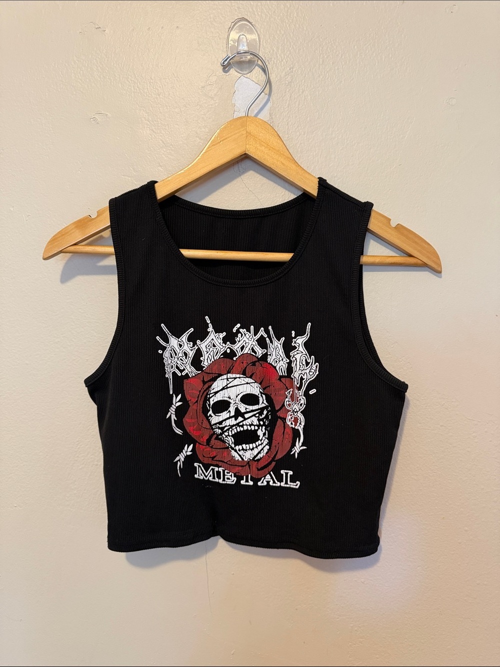 Black Graphic Crop Tank with Skull & Red Rose